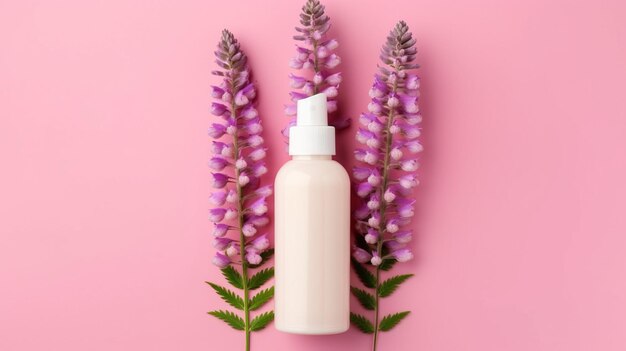 A bottle of lotion on a pink background with flowers