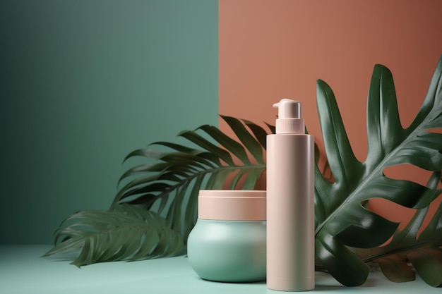 A bottle of lotion next to a plant on a green and pink background.