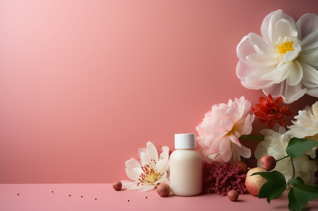 A bottle of lotion sits on a pink background with flowers.