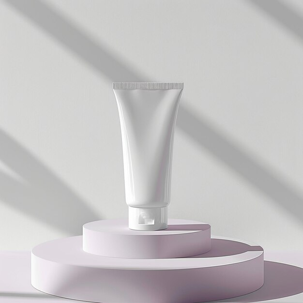 a bottle of lotion sits on a round pedestal