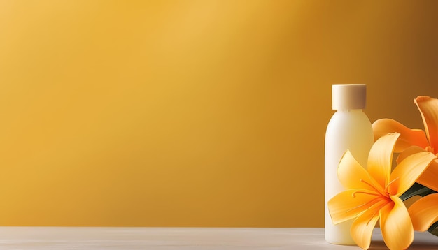 Photo a bottle of lotion sits on a table next to a yellow flower