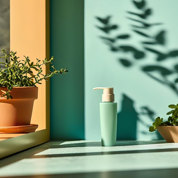 Photo a bottle of lotion sitting next to a potted plant on a table next to a window sill