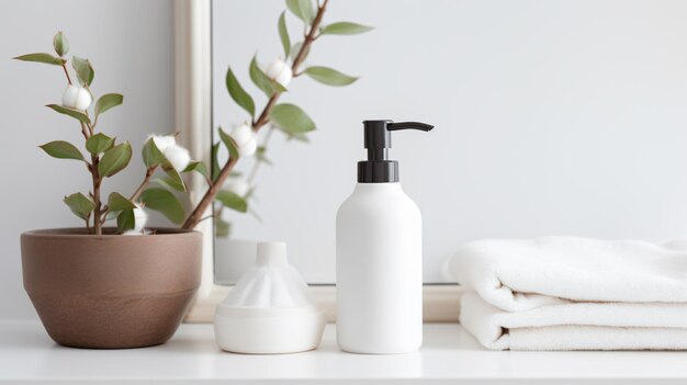 Bottle of lotion next to soap dispenser and cotton