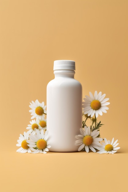 A bottle of lotion with daisies on a yellow background generative ai image beauty product bottle