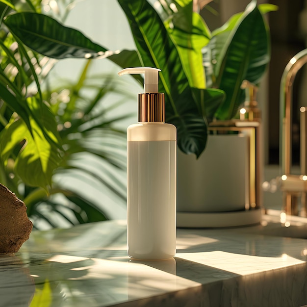 A bottle of lotion with plants on the counter