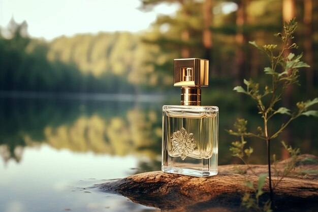 A bottle of luxury perfume on the bank of a river in the forest