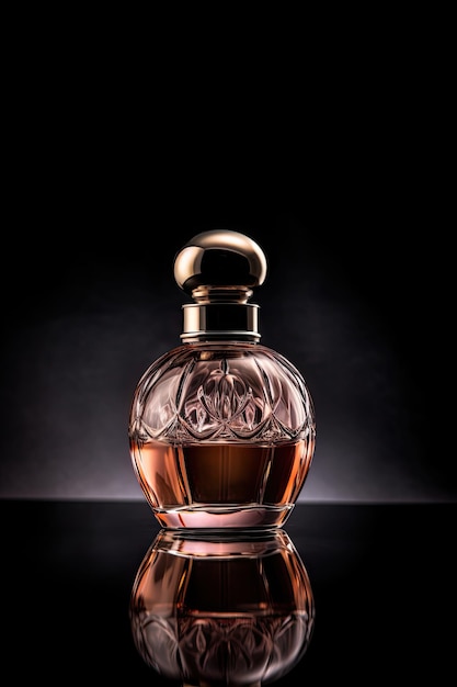 Bottle of luxury perfume on black background with reflections