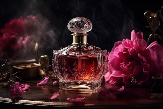 Bottle of luxury perfume surrounded by peonies flowers close up