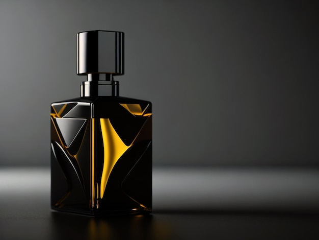 Bottle of luxury perfume on table in modern style and black background