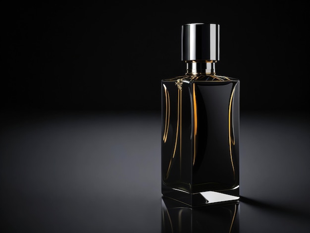 Bottle of luxury perfume on table in modern style and black background
