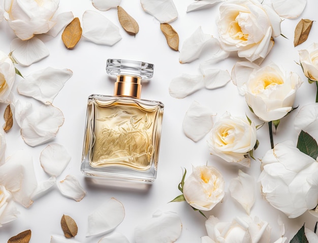 Bottle of luxury perfume on white background with rose petals and bud