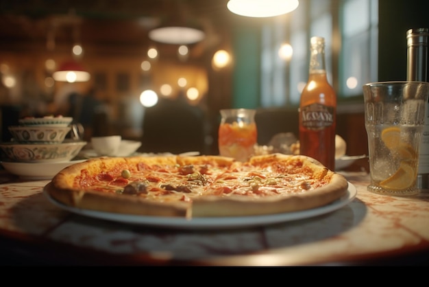 A bottle of macallan beer sits next to a pizza.