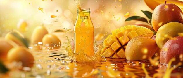 A bottle of mango juice with splashes and a logo featured in this horizontal banner featuring 3D realistic mango juice advertising Generative AI