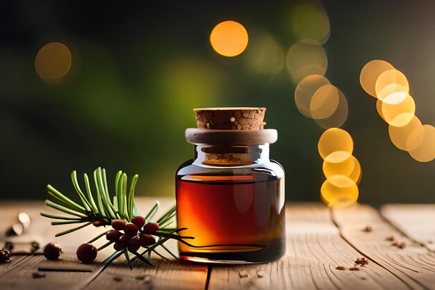 Photo a bottle of maple syrup with a branch of pineapple on the top.