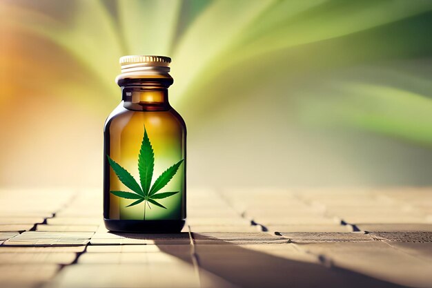 A bottle of marijuana leaf on a wooden table