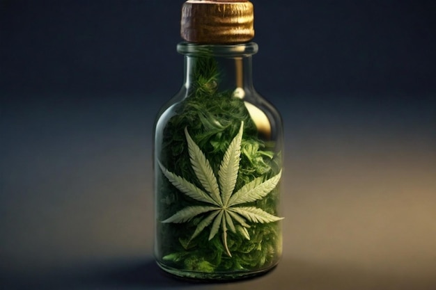 Бутылка масла марихуаны и марихуаны с этикеткой из листьев конопли.