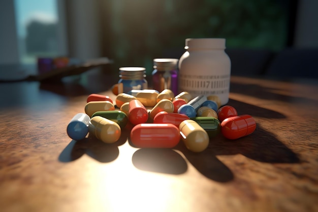 A bottle of medicine pills sits on a table