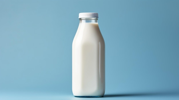 a bottle of milk on a blue surface