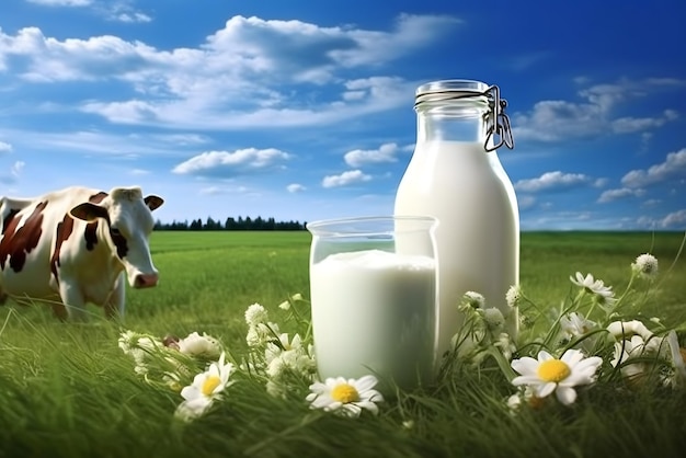 A bottle of milk and a cow on a field with a cow in the background.