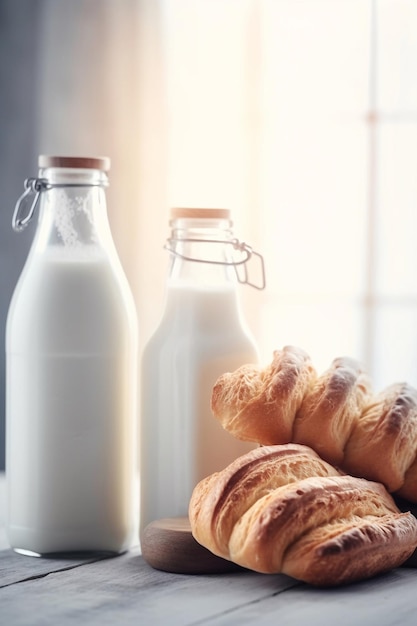 A bottle of milk and croissants sit on a table.