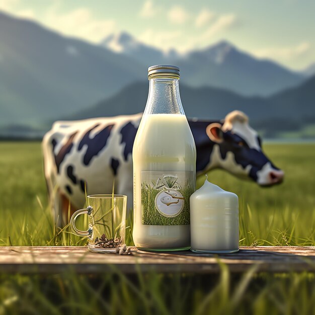 A bottle of milk and a glass of candle in a field