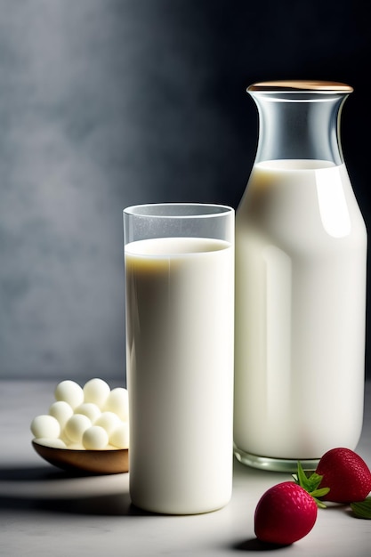 A bottle of milk and a glass of milk sit on a table.