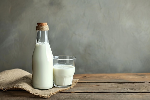 Bottle of milk and glass with oat flakes on wooden table with AI generated