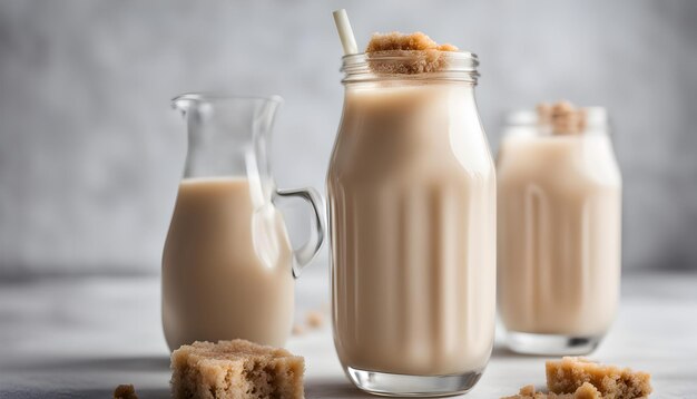 Photo a bottle of milk is next to a jar of peanut butter