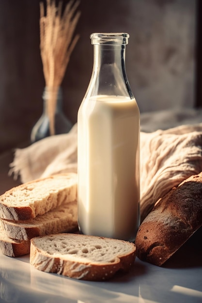 A bottle of milk sits on a table next to bread.