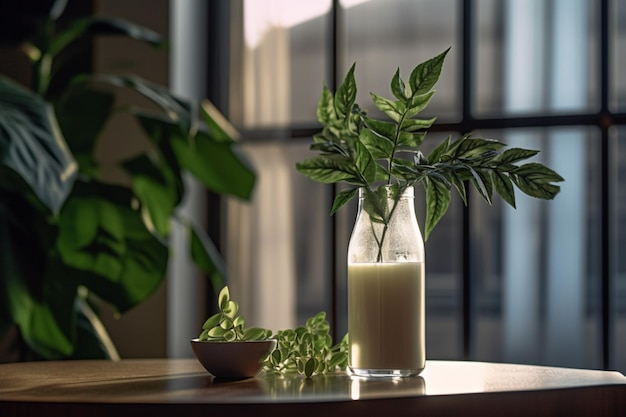 A bottle of milk sits on a table next to a plant