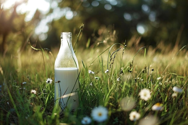 Photo a bottle of milk sitting in the grass