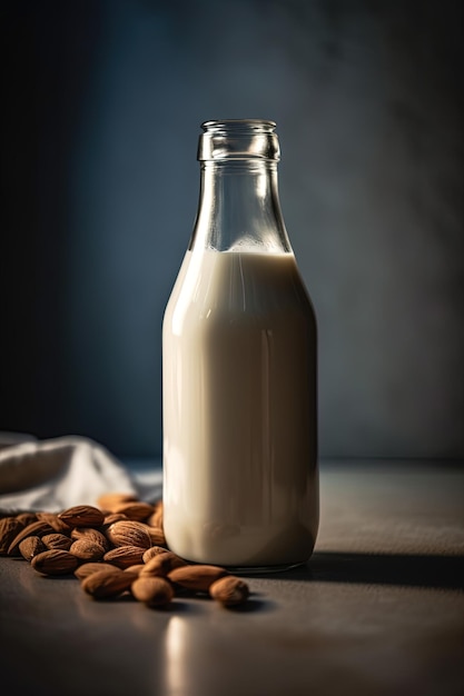 Bottle of milk with almond milk and some almond seeds on the table 3d AI generation