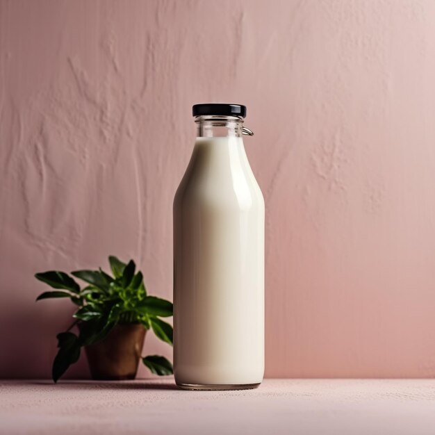 A bottle of milk with a black cap sits on a pink table next to a potted plant.