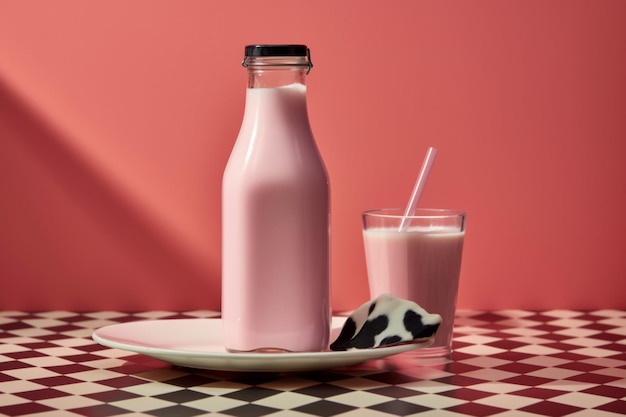 Photo a bottle of milk with a black cap sits on a table