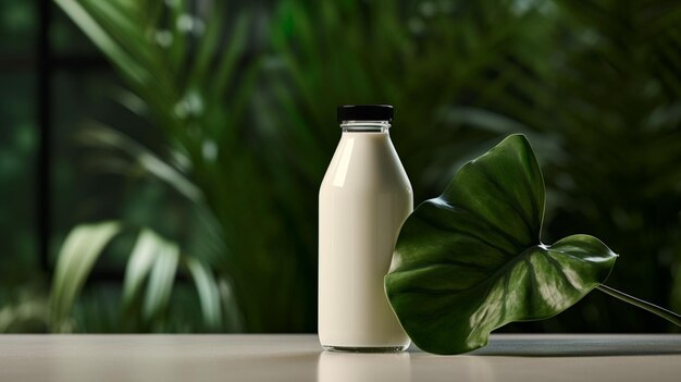 A bottle of milk with a black cap sits on a table