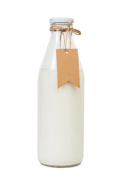 Photo bottle of milk with blank label isolated on a white background