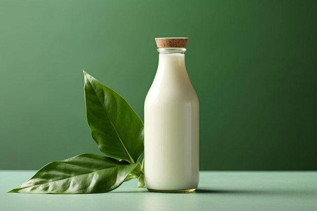 A bottle of milk with a green leaf next to it