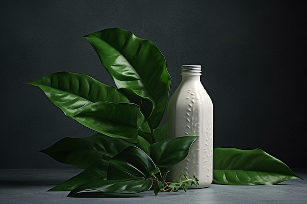 A bottle of milk with a green leaf next to it