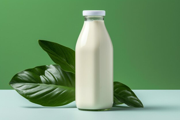 A bottle of milk with a green leaf next to it