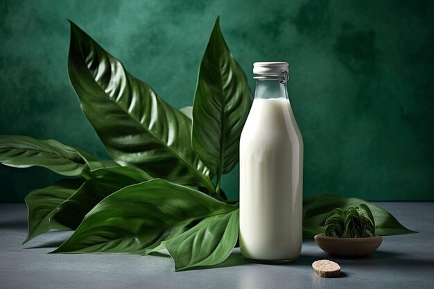 A bottle of milk with a green leaf next to it