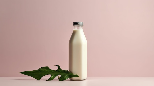 Бутылка молока с зеленым листом рядом с ней
