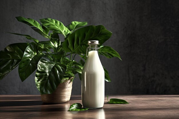 A bottle of milk with a metal lid stands on a tab