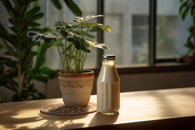 A bottle of milk with a metal lid stands on a tab