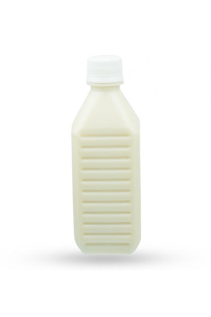 Bottle Milk with soy beans on white .