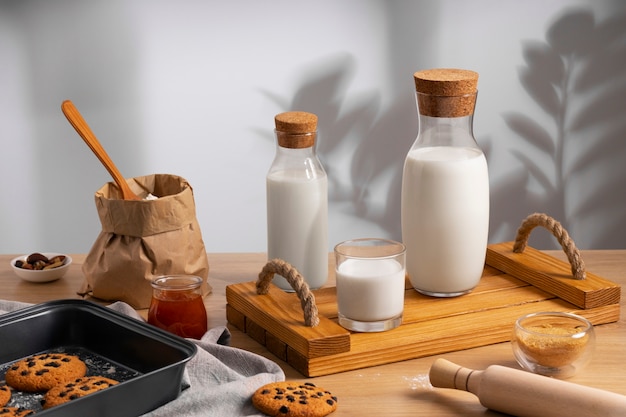 Bottle of milk with sweet cookies