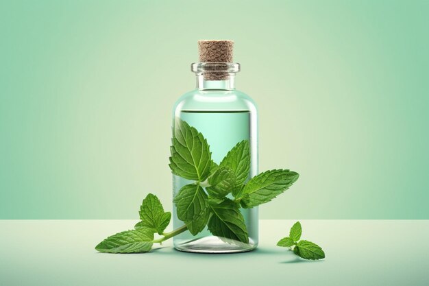 A bottle of mint essential oil with a green leaf