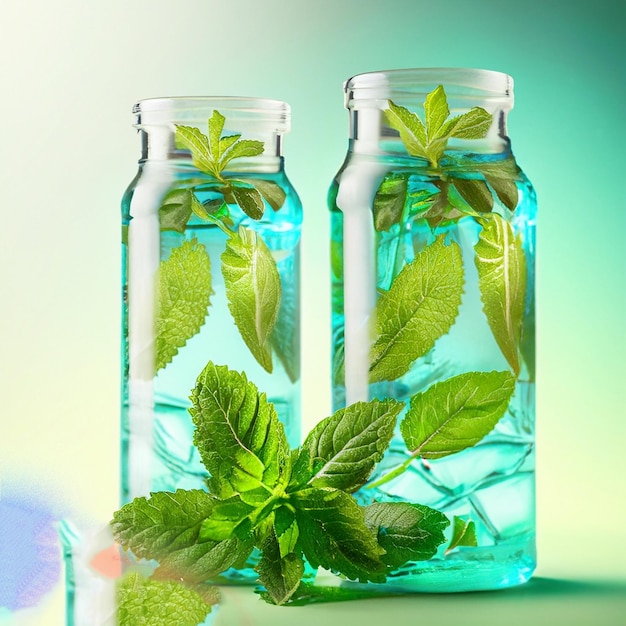 Photo a bottle of mint mint leaves sits next to a mint leaf.