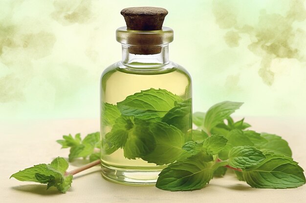 A bottle of mint oil next to a sprig of mint