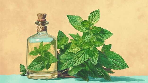 A bottle of mint oil next to a sprig of mint