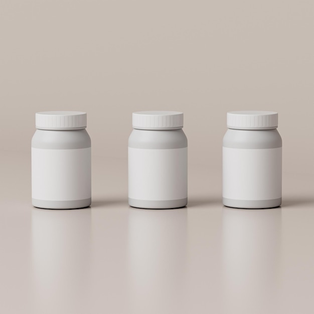 Bottle mockup isolated on pastel white background. White medicine plastic package for pills, vitamines or capsules. empty jar, container mock up. 3D Rendering